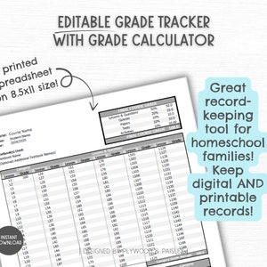 Editable Grade Tracker, Excel Spreadsheet, Academic Planner, Homeschool Planner, Digital Gradebook, Printable, Homeschool Transcript