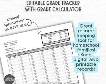 Editable Grade Tracker, Excel Spreadsheet, Academic Planner, Homeschool Planner, Digital Gradebook, Printable, Homeschool Transcript
