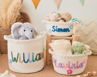 Personalized Crochet Baby Basket: Custom Embroidered Name, Cotton Rope Toy Storage