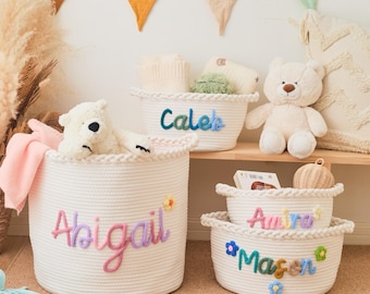 Embroidered Baby Name Basket: Large Cotton Rope Crochet Nursery Organizer
