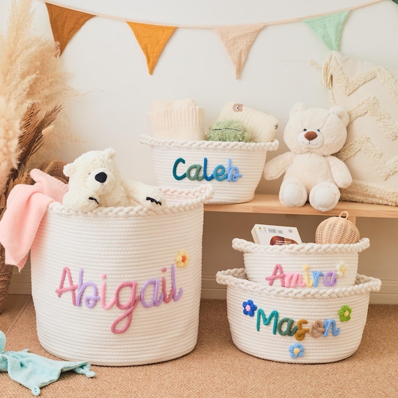Embroidered Baby Name Basket: Large Cotton Rope Crochet Nursery Organizer