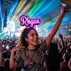Op de afbeelding: Een zwarte hoofdband met een oplichtend paars LED-bord met de naam Rhyan in een cursief lettertype, gedragen boven het hoofd tegen een achtergrond van kleurrijke podiumlasers en een grote menigte bij een muziekconcert.