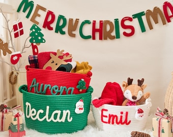 Personalized Christmas Crochet Basket: Holiday Newborn Gift, Nursery Storage