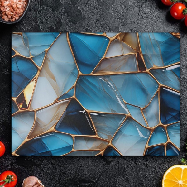 Elegant Light blue and gold Glass Cutting Board, Charcuterie board, large chopping board, new apartment gift, reltor closing gift