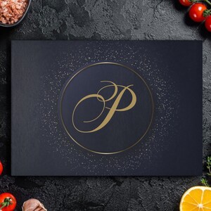 Personalized Blue and Gold Glass Cutting Board: Modern Kitchen Decor