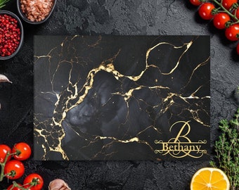 Personalized glass cutting board, Black and gold marble charcuterie board, chopping board, bar tray, gift for hostess
