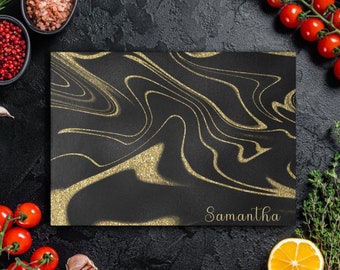Personalized Black and Gold Marble Tempered Glass Cutting Board