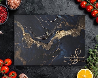 Personalized Blue Gold Marble Glass Cutting Board: Custom Charcuterie Board