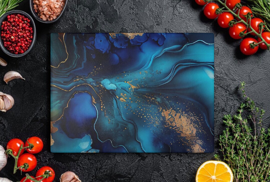 Blue Agate Marble Glass Cutting Board, Tempered Glass Cheese Board