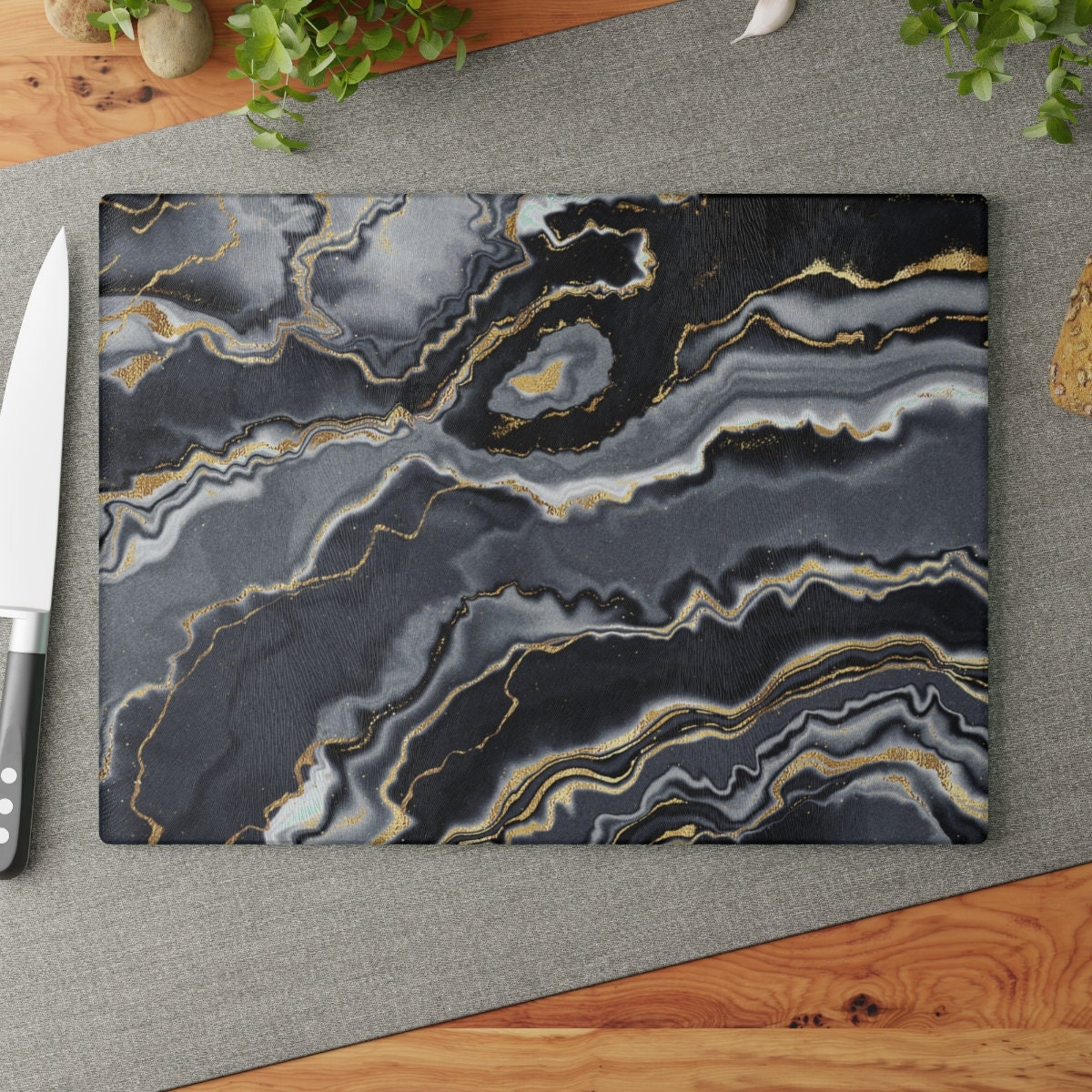 Black Glass Cutting Board Black and Gold Chopping Board Etsy