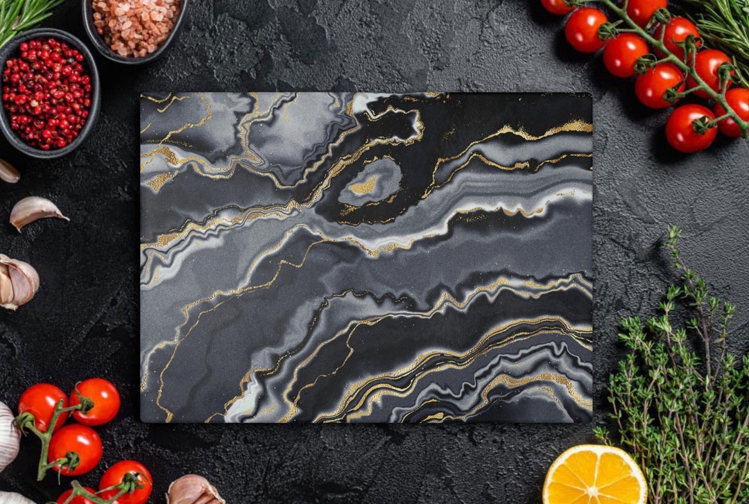 Black Glass Cutting Board, Black and Gold Chopping Board, Tempered