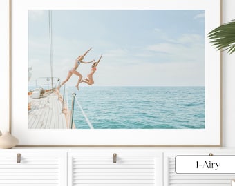 Coastal Wall Art Print, Pastel Beach Photography, Girls Jumping into Ocean, Summer Wall Decor, Framed or Unframed