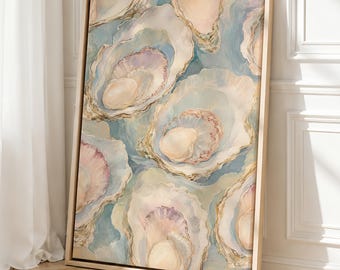Oyster Wall Art, Pastel Oyster Painting Print, Coastal Wall Art, Pearl Oyster Art, Beach House Decor, Seashell Art Print, FRAMED or UNFRAMED