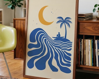 Retro Surfer Art Print, Abstract Wave Wall Art, Coastal Beach Decor, Minimalist Surf Poster, Blue Ocean Wave Print FRAMED or UNFRAMED