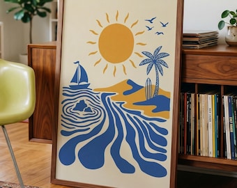 Retro Surfer Art Print, Abstract Wave Wall Art, Coastal Beach Decor, Minimalist Surf Poster, Blue Ocean Wave Print DIGITAL DOWNLOAD