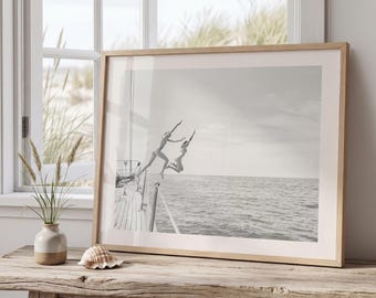Coastal Print Digital Download, Black and White Beach Wall Art, Coastal Photography, B&W Ocean Poster, Girls Jumping Art, Instant Download