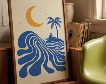Retro Surfer Art Print, Abstract Wave Wall Art, Coastal Beach Decor, Minimalist Surf Poster, Blue Ocean Wave Print FRAMED or UNFRAMED