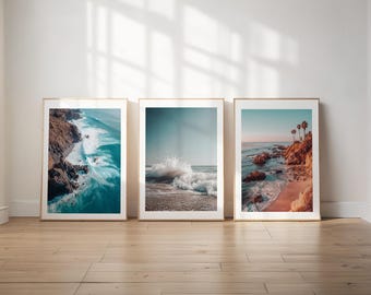 Coastal Wall Art Set of 3 Prints, California Beach Photography, Ocean & Surf Decor, Beach House Gallery Set, Framed or Unframed