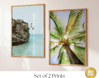 Coastal Set of 2 Prints, Pastel Beach Gallery Wall Set, Boho Coastal Photography, Summer Ocean Digital Posters, Printable Wall Art