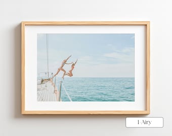 Cool Girl Wall Art, Pastel Beach Print of Girls Jumping into Ocean, Coastal Photography, Framed or Unframed
