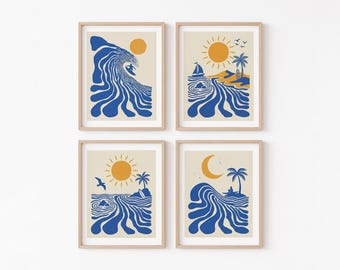 Retro Surfer Art Print, Abstract Wave Wall Art, Coastal Beach Decor, Minimalist Surf Poster, Blue Ocean Wave Print FRAMED or UNFRAMED