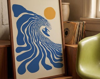 Retro Surfer Art Print, Abstract Wave Wall Art, Coastal Beach Decor, Minimalist Surf Poster, Blue Ocean Wave Print FRAMED or UNFRAMED