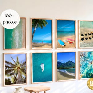 May include: A set of framed beach photographs in wooden frames. The images show coastal scenes, including aerial ocean views, sandy beaches, palm trees, and surfboards. The text "100+ photos" is visible.