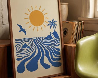 Retro Surfer Art Print, Abstract Blue Wave Wall Art, Coastal Beach Decor Poster, Digital Download