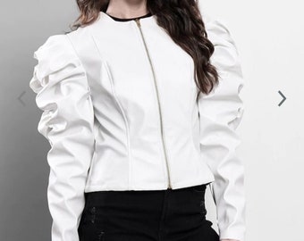 Women White Solid Casual Party Leather Jacket with Ruche Pleated Sleeves , Women White Party Leather Overcoat - from Hides and Cult