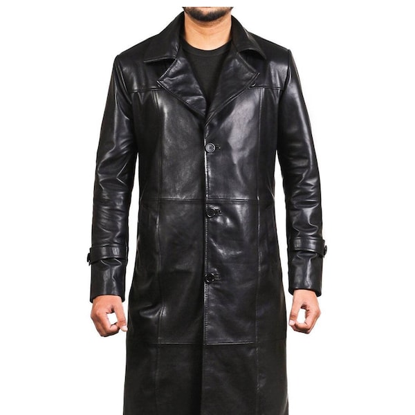 Men Black Solid Casual Tailored Outdoor Long Leather Trench Coat / Long Coat, Men Black Leather Trench Coat, Men Black Leather Long Coat