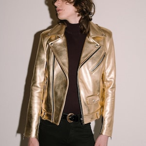 Men Gold Metallic Foil Motorcycle Biker Leather Jacket - Elite Edition