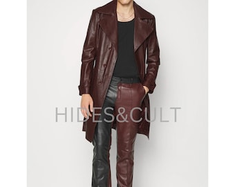 Heren bordeauxrode leren trenchcoat met enkele rij knopen, bordeaux leren herenjack, bordeaux leren herentrenchcoat,