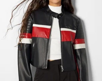 Striped leather deals jacket womens