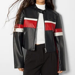 Red white top leather jacket