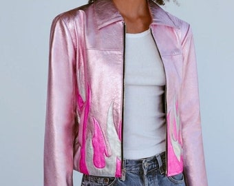 Women Pink Metallic Foil Solid Casual Motorcycle Biker Leather Jacket with Flame Pattern in Silver and Rose Metallic Colors  - Elite Edition