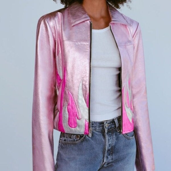 Pink Leather Jacket Etsy