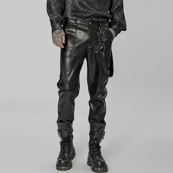 Mens Black Casual Tailored Motorcycle Biker Leather Pants With