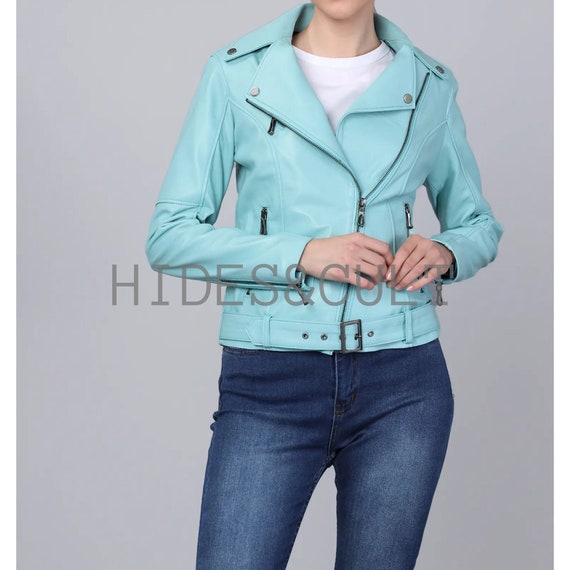 Women s Light Blue turquoise Blue Solid Motorcycle Biker Leather