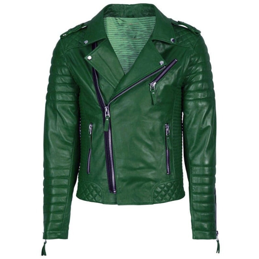 Mens green leather motorcycle best sale jacket