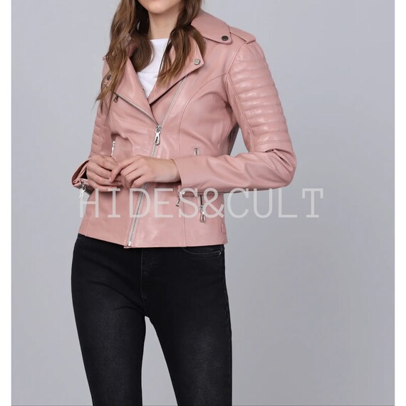 Women s Light Pink Slim Fit Motorcycle Biker Leather Jacket