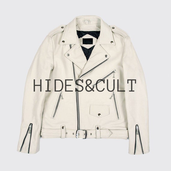 HidesandCult Men Off-White/Beige Solid Casual Soft Motorcycle Biker Leather Jacket with Leather Belt, Men White Leather Jacket, Men White Biker Jacket