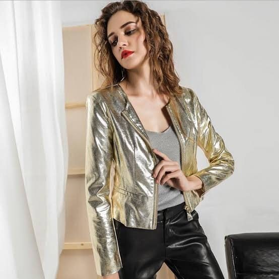 Buy online Solid Gold Metallic Bomber Jacket from jackets and blazers and  coats for Women by Trendsnu for ₹899 at 61% off