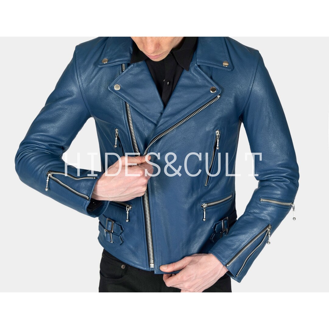 Men Navy Blue Solid Casual Tailored Motorcycle Biker Leather