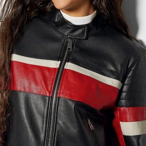 Women Black and Red Solid Casual Tailored Color Blocked Motorcycle ...