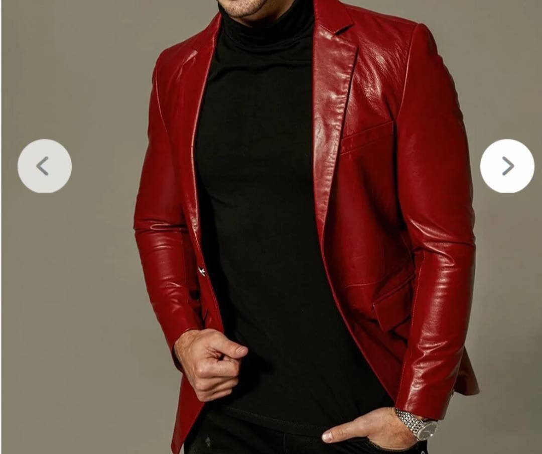 Men Blood Red Solid Casual Tailored Business Leather Blazer, Men Red  Leather Blazer, Men Red Blazer, Men Red Leather Jacket, Men Red Jacket 