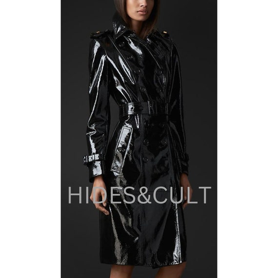 Damen glänzend schwarzer Lackleder Trenchcoat / langer Mantel, Damen  schwarzer PVC-Vinyl-Effekt Echtleder Trenchcoat, Damen schwarzer Trenchcoat  - Etsy Österreich