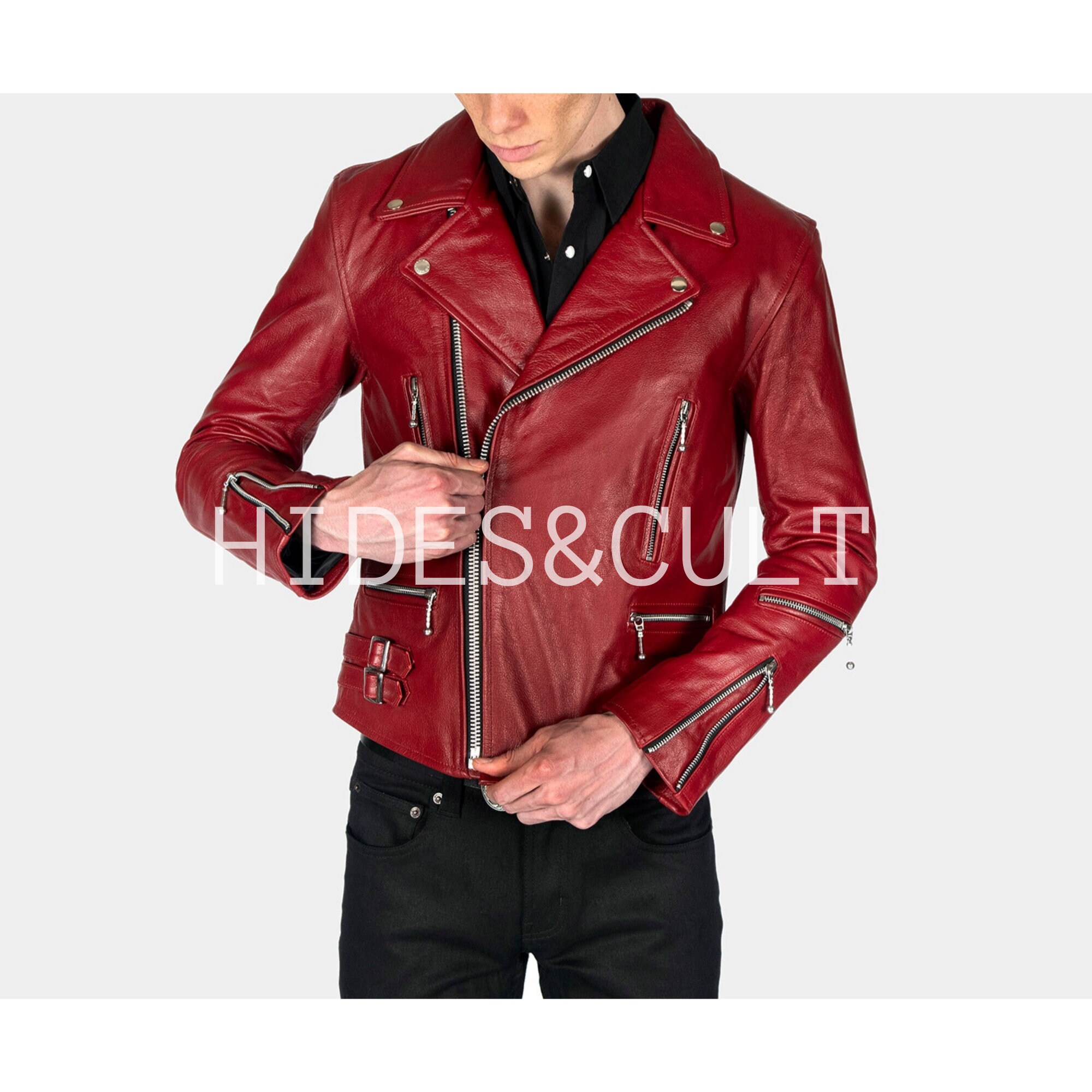 Mens Black & Red Hooded Leather Jacket - Limited Edition - Custom Size / Real Leather