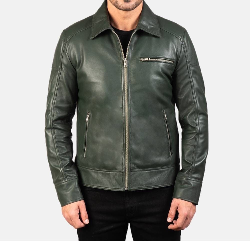 Men Green Solid Casual Tailored Motorcycle Biker Leather Jacket