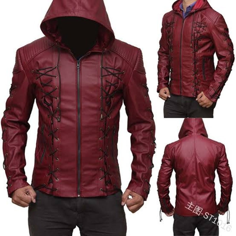 Red Arrow Roy Harper Arsenal Leather Jacket With Hoodie - Etsy