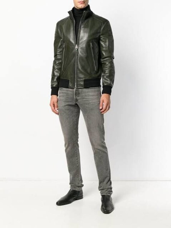 Men Olive Green Solid Casual Motorcycle Biker Bomber Leather